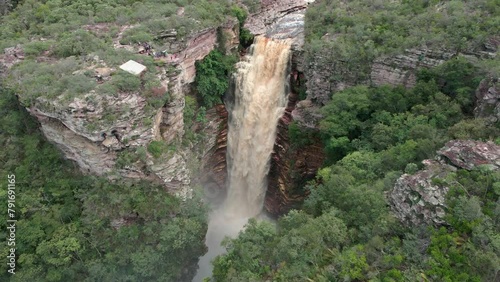 Waterfall Cachoeira Buracao at Chapada Diamantina National Park in Brazil. Aerial view photo