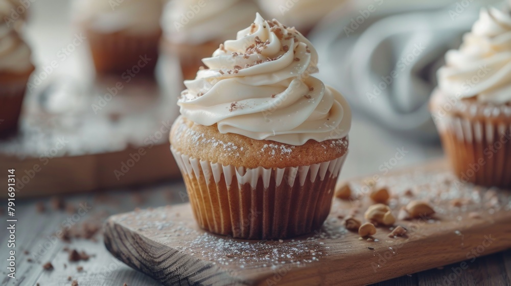 Colorful cupcakes with frosting on wooden board. Ideal for bakery or dessert concept Colorful cupcakes with frosting on wooden board. Ideal for bakery or dessert concept