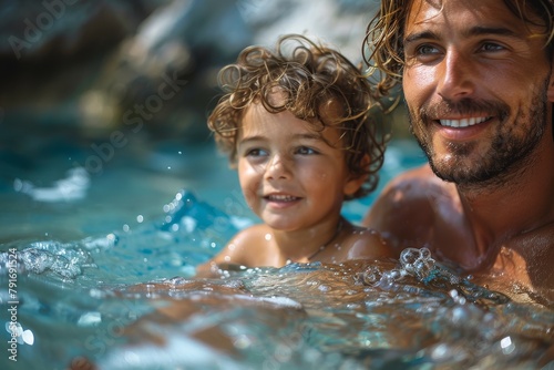 A joyful moment captured as a smiling father with a beard and curly-haired son share a pool experience