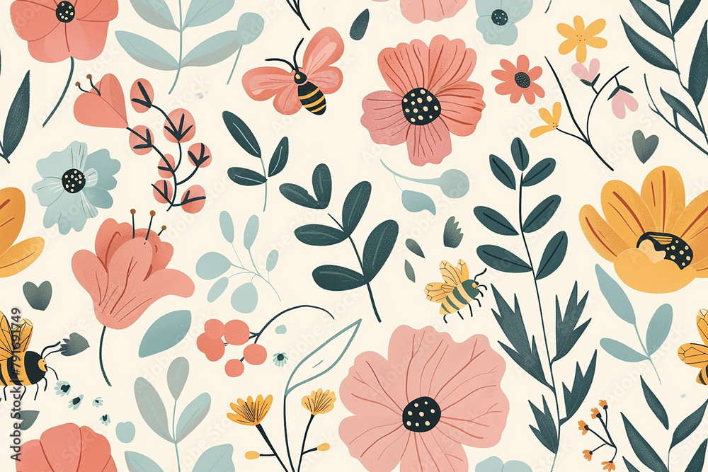 Botanical seamless pattern with flowers and bees