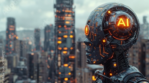 Glowing-Eyed Robot Head With City Background