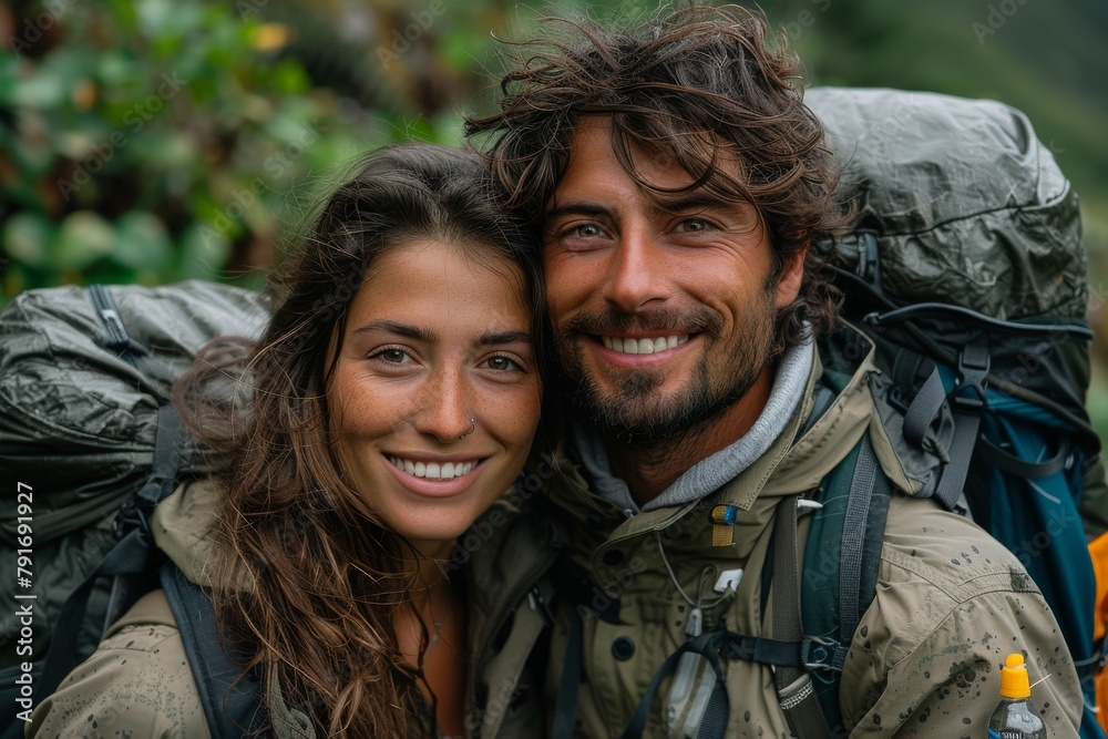 Two happy hikers with backpacks smiling, close-up portrait in natural setting