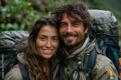 Two happy hikers with backpacks smiling, close-up portrait in natural setting