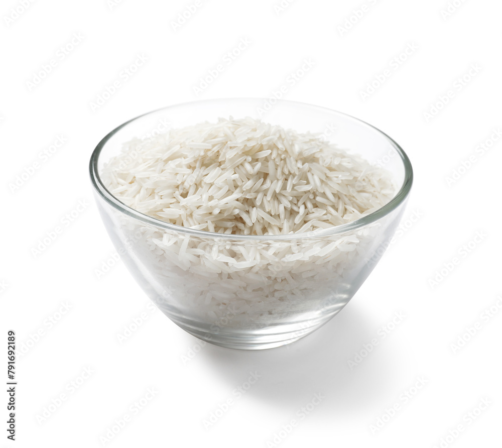 Raw basmati rice in bowl isolated on white Raw basmati rice in bowl isolated on white