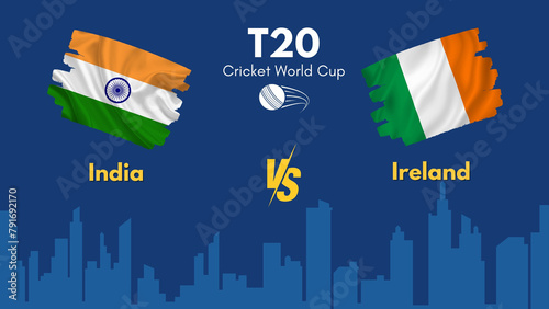 India vs Ireland flag, world map and building skyline use for t20 cricket world cup 2024 template banner design. photo