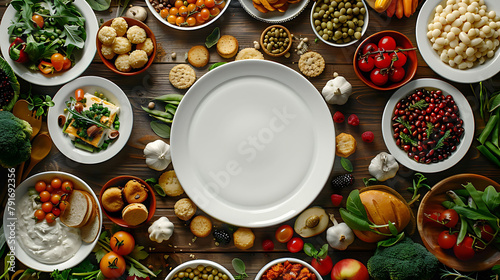 White ceramic plate surrounded by snacks, void, Variety of vegetarian meals make frame for empty dish, Cuisine, menu, food concept, hyperrealistic food photography photo