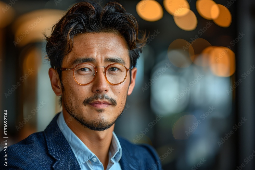 Stylish middle-aged man with glasses and a modern haircut in a professional business setting, blurred lights Stylish middle-aged man with glasses and a modern haircut in a professional business setting, blurred lights