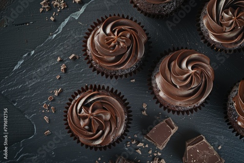 A group of delicious chocolate cupcakes with rich chocolate frosting. Perfect for bakery or dessert concepts