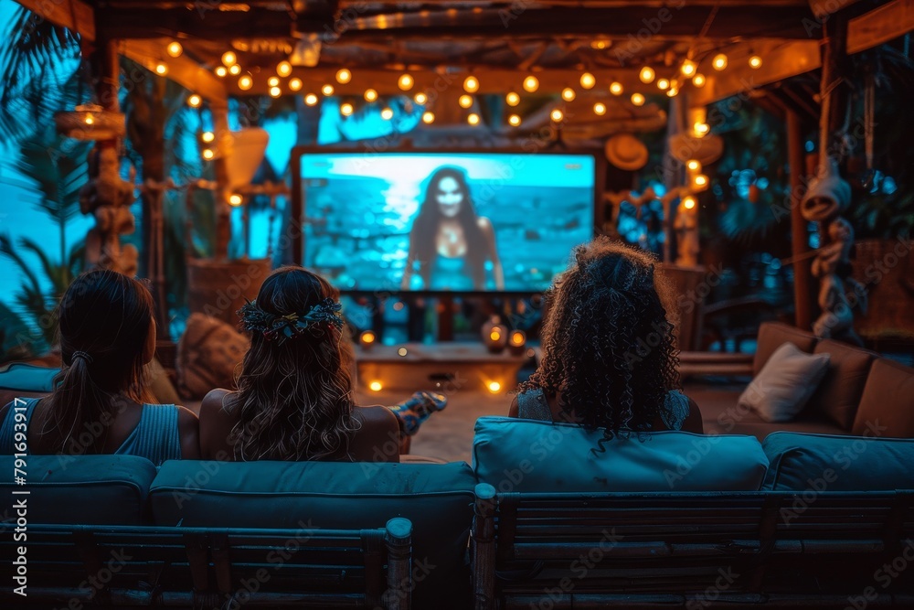 Fototapeta premium A cozy backyard setting designed with string lights, where friends gather to watch a movie night