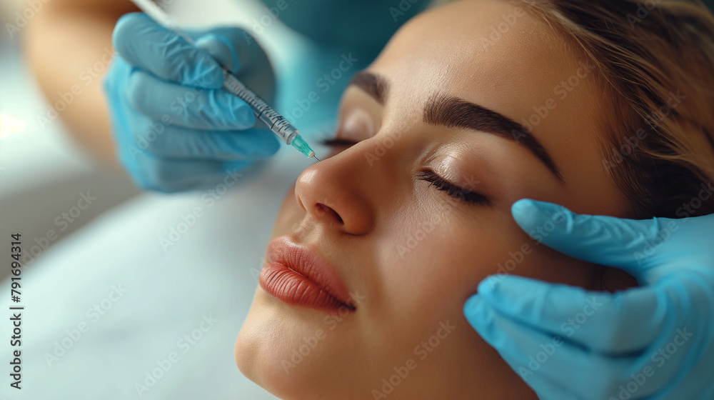 Doctor is injecting an injection into a beautiful young woman's face, on a cosmetic surgery bed. Close-up Doctor is injecting an injection into a beautiful young woman's face, on a cosmetic surgery bed. Close-up