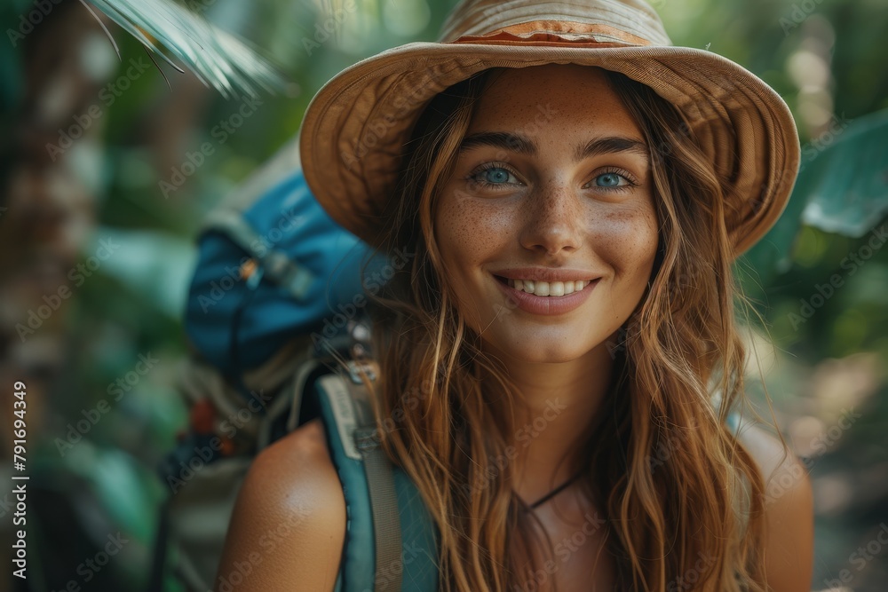 A close-up of a female adventurer with a hat and backpack, smiling brightly in a tropical environment