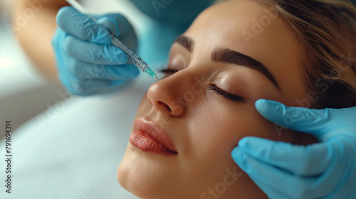 Doctor is injecting an injection into a beautiful young woman s face  on a cosmetic surgery bed. Close-up