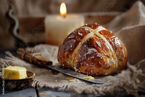 A hot cross bun sitting on a table next to a candle. Suitable for food and cozy home atmosphere concepts photo