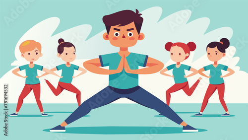 With fierce concentration a young student leads their peers in a series of rigorous calisthenics during a martial arts class warmup.