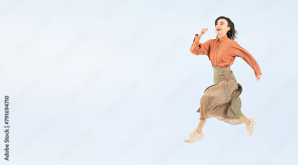 Full body photo of a white woman jumping. (We also sell PNGs that are cropped and have transparent background. Please search for 