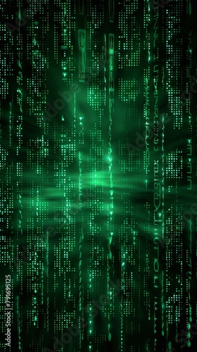 Green binary code on dark, creating an atmosphere of data technology and cyber security. Focus on the binary number texture with copy space for photo text 