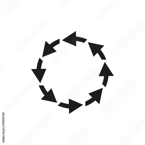 A lot of arrows spinning in circles. Following each other. The bold arrows rotate and move around the perimeter of the circle. Vector illustration.
