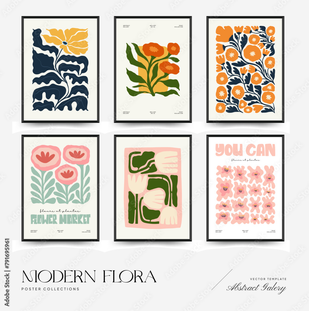 Fototapeta premium Abstract floral posters template. Modern trendy Matisse minimal style. Pink and blue colors. Hand drawn design for wallpaper, wall decor, print, postcard, cover, template, banner. 