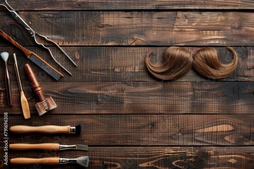 A wooden table covered in hair and various tools. Perfect for beauty or hair salon concepts