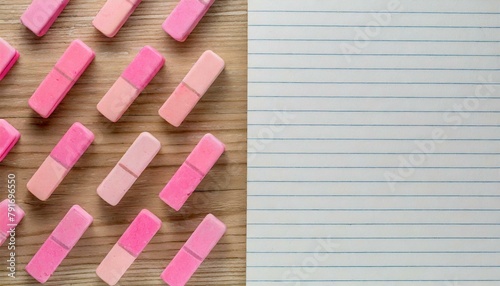 Pink erasers are arranged in a diagonal pattern on a wooden desk next to a piece of lined paper for school or education.