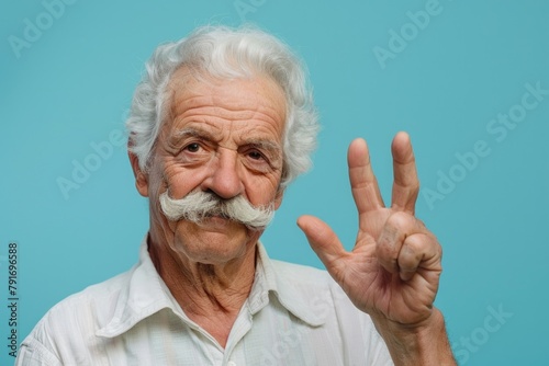 An elderly man with a moustache making a peace sign gesture. Suitable for various concepts and designs photo