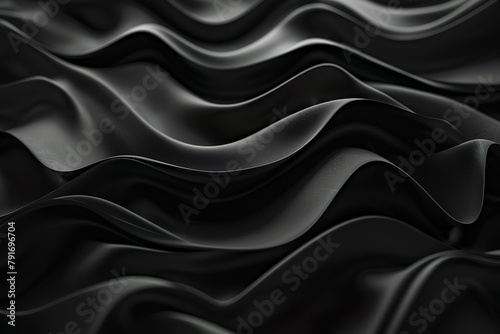 Elegant black satin fabric undulating with smooth waves, ideal for luxurious background or abstract concept.