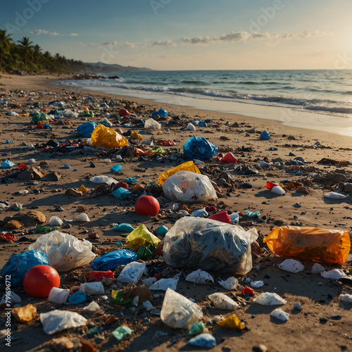 Photography Garbage and plastic littered along the beach
