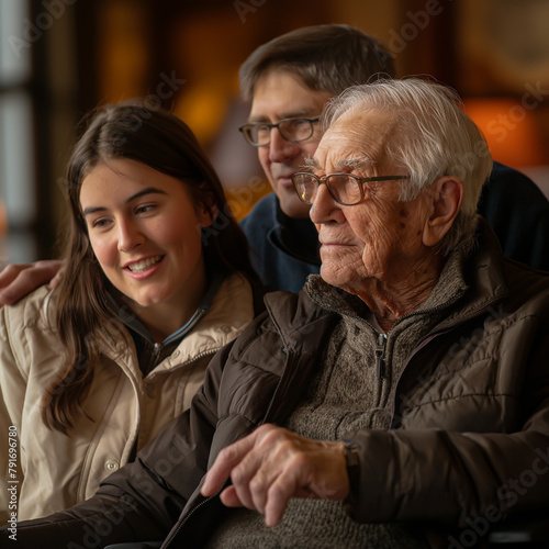 Image of a tender family moment with an elderly man sitting in a wheelchair, family, love © VRAYVENUS
