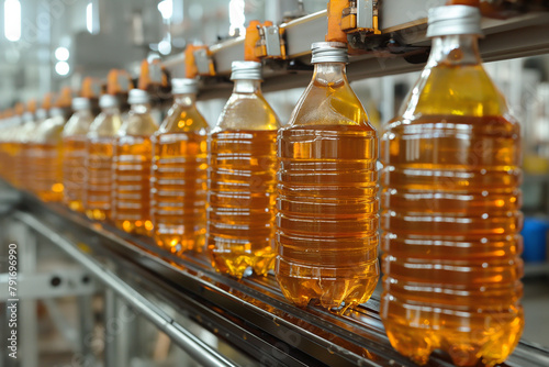 Bottle of sunflower oil on the conveyor belt in the factory