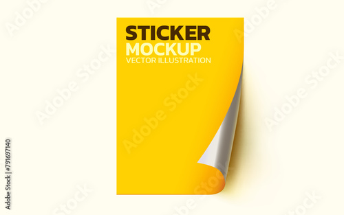 Sticker with peel off corner isolated on white background. Vector yellow blank paper banner or square folded label.