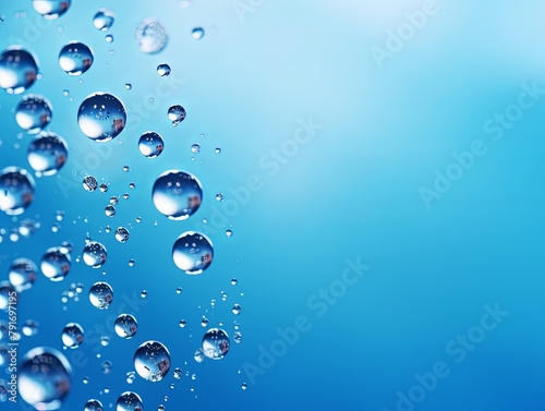 Indigo bubble with water droplets on it, representing air and fluidity. Web banner with copy space for photo text or product, blank empty copyspace