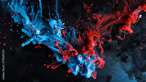 Acrylic blue and red colors in water. Ink blot. 