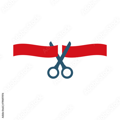 Scissors cutting ribbon. Shears cut a long red tape. Colored vector illustration.