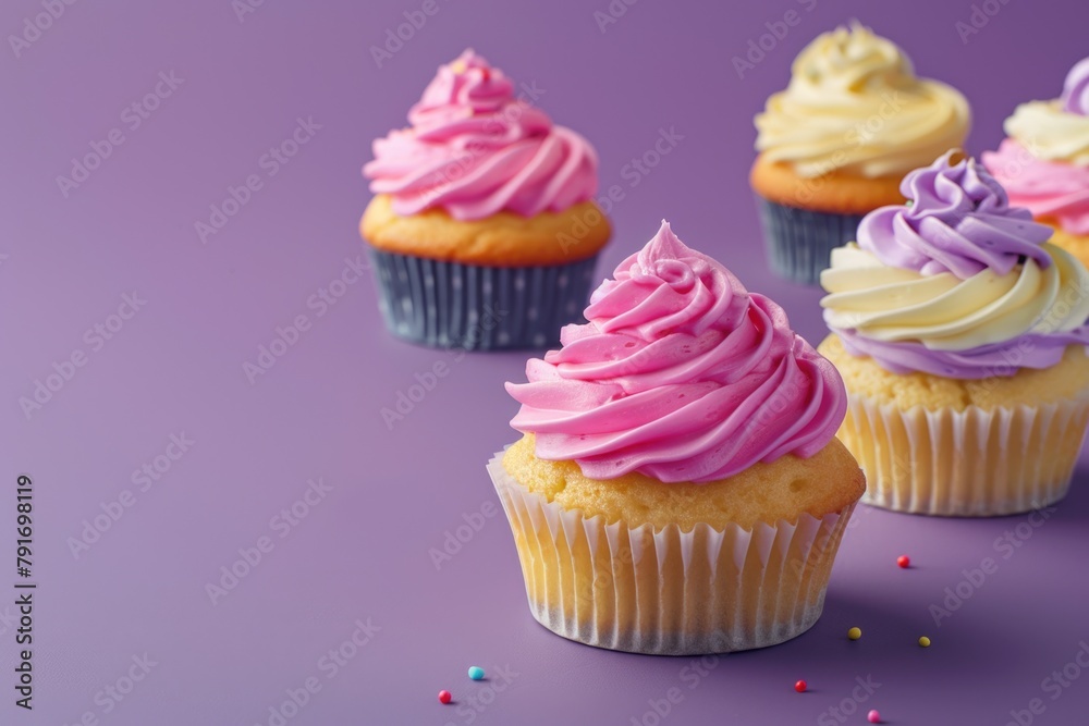 Group of cupcakes with various colored frosting. Ideal for bakery or celebration themes