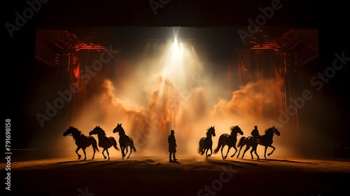 a group of horses running on a stage photo
