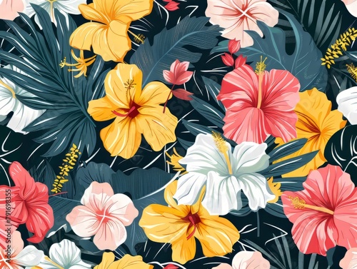 Floral pattern with pink  blue  and yellow flowers on black background
