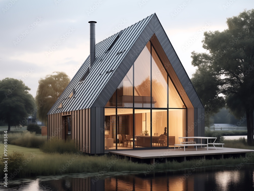 a house with a glass wall and a wood structure a house with a glass wall and a wood structure