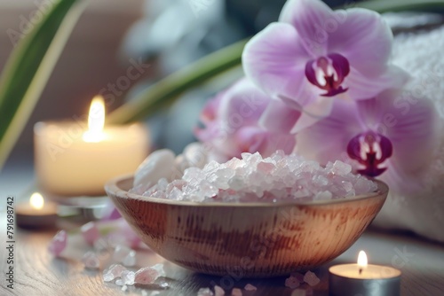A bowl of sea salt next to a lit candle  perfect for spa or relaxation concept