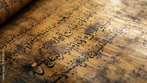 A close-up image of traditional calligraphy on weathered parchment, showcasing the beauty of written language and preserving the cultural heritage of storytelling photo