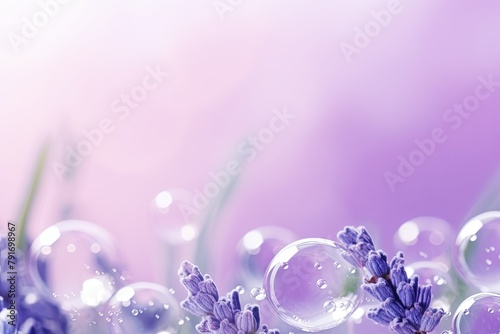 Lavender bubble with water droplets on it, representing air and fluidity. Web banner with copy space for photo text or product, blank empty