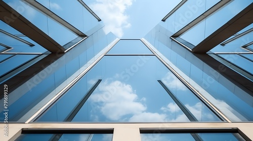 looking up view of a building with glass windows