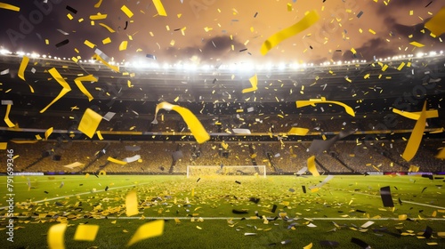 confetti flying over a football field with Westfalenstadion in the background