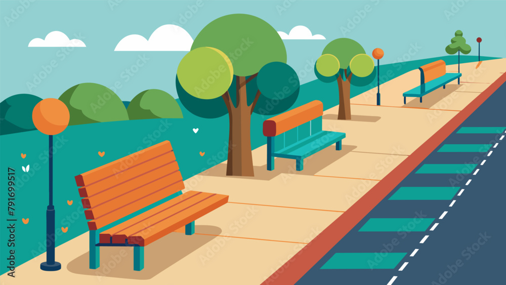Fototapeta premium A sidewalk with rest areas and benches p at regular intervals providing opportunities for individuals with mobility impairments to rest.