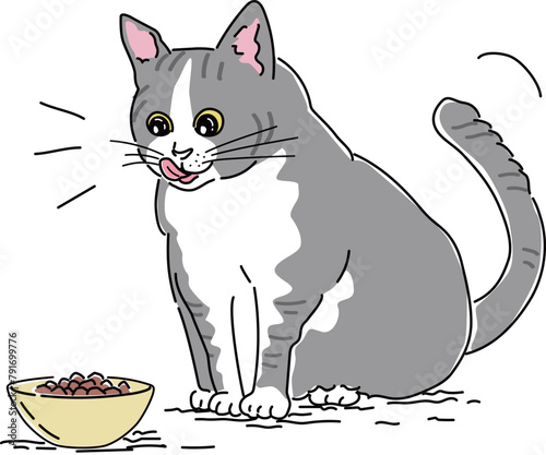 出されたエサを食べたそうに舌なめずりするネコの手描き風カラーイラスト
