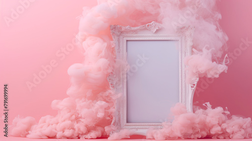 a white frame with pink smoke around it