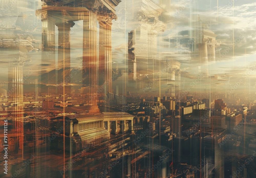 Blend ancient structures & futuristic skyscrapers in collages depicting urban evolution across time