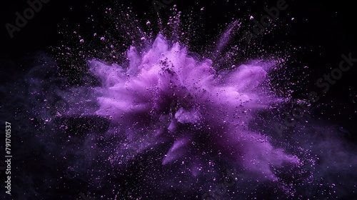 Violette Farbexplosion vor dunklem Hintergrund, rauchender Knall, Explosion aus lila Pulver  © MONO