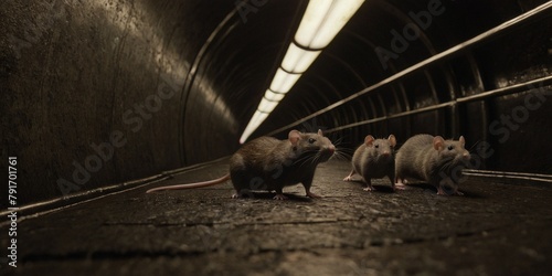 Group of rats in a dark subway tunnel.