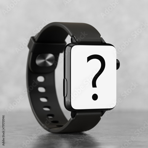 Black Modern Smart Watch Mockup with Strap and Question Mark. 3d Rendering