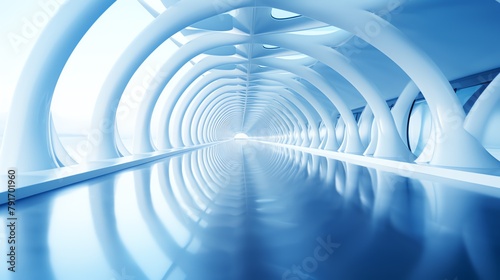 a white tunnel with arches and a blue floor